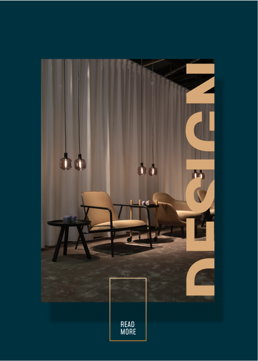 the word design written vertically on a photo with chairs and lamps and tables, part of the brand and visual identity of the furniture brand HH