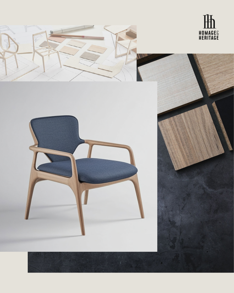 the word design written vertically on a photo with chairs and lamps and tables, part of the brand and visual identity of the furniture brand HH