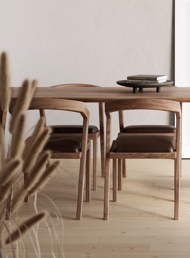 concept written vertically on a background of a kitchen counter in brown and with lights and a bowl. Branding picture, visual identity of a furniture webshop