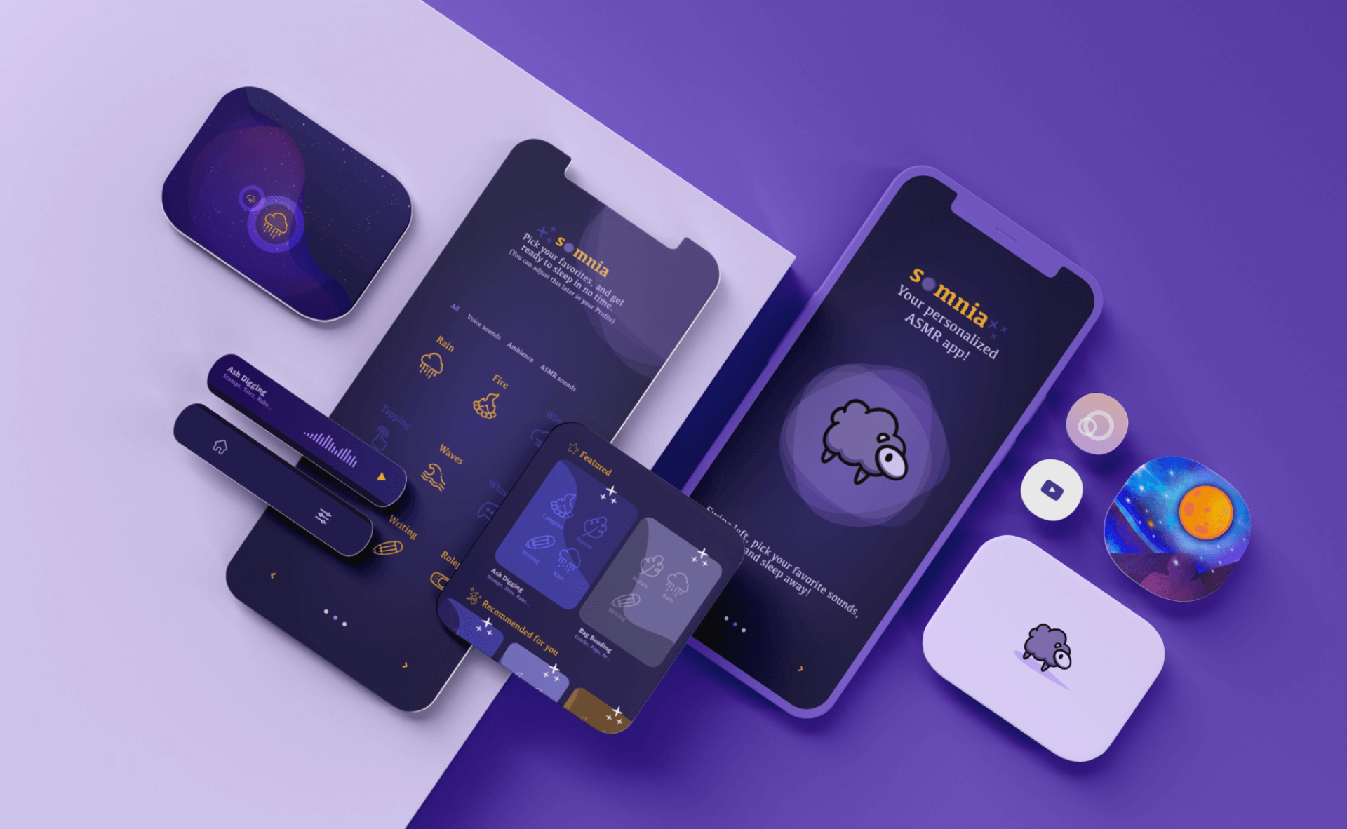 rebranding, ux, ui, web and app design, mobile app on a purple background, different design features of the app design